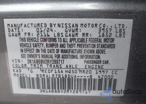 2024 Nissan Sentra S Xtronic Cvt from USA, damaged, VIN 3N1AB8BV2RY289717
